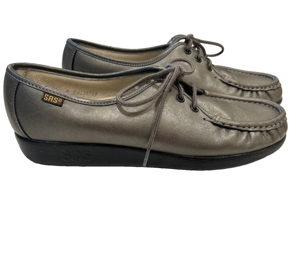SAS Siesta Gray Pewter Leather Lace Up Loafers Genuine USA Shoes Comfort Size 8N